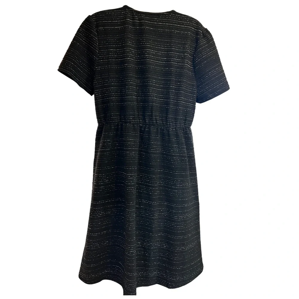 Draper James RSVP‎ Black Fit & Flare Dress L Metallic Short Sleeve Stretch - Picture 5 of 9